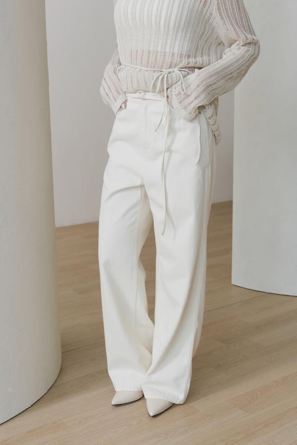 快閃-附繫帶簡約白色牛仔褲(米白) 