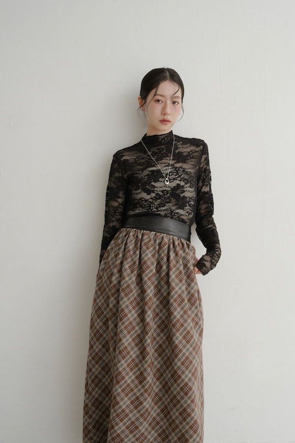 皮革腰封格紋長裙(咖) 