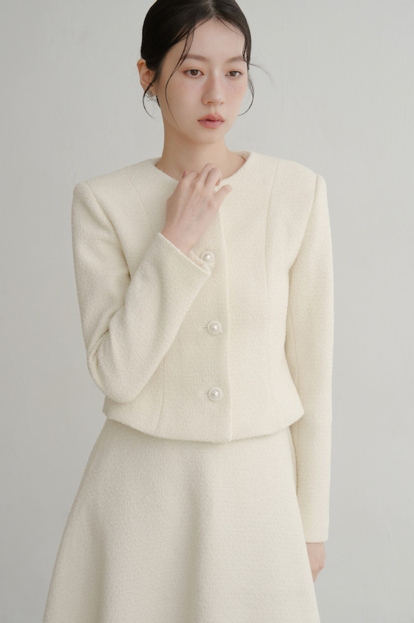 無領小香風長袖外套(白) 