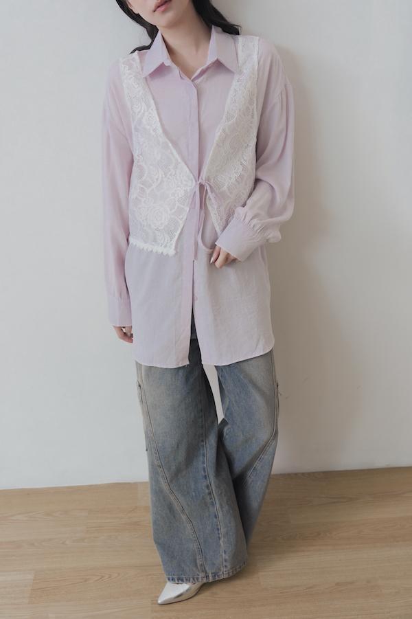 快閃-拼接蕾絲背心日感襯衫(淺紫) 