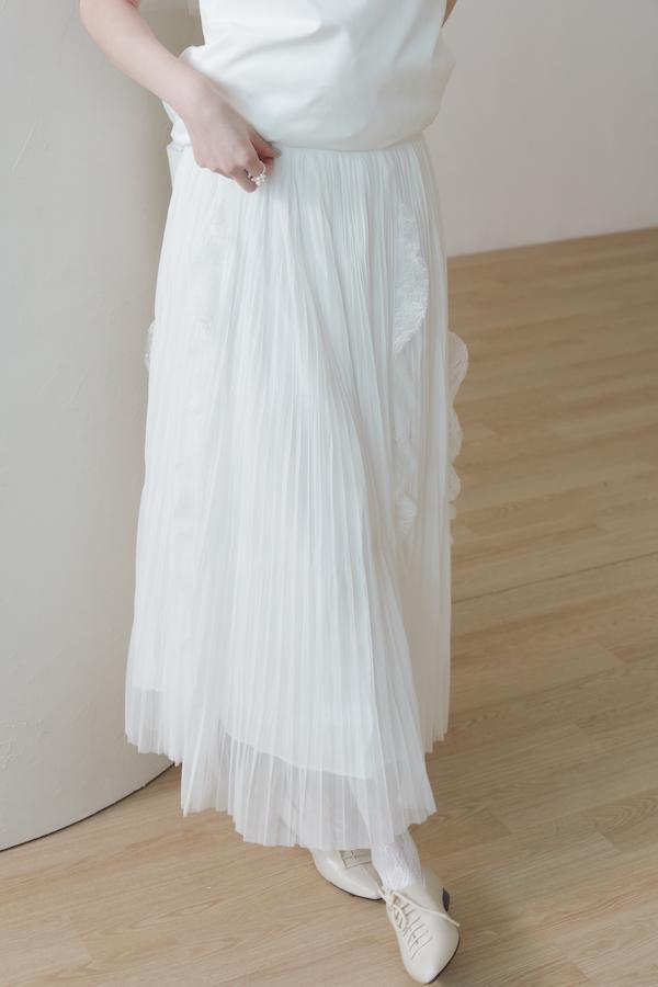 細百褶紋理蕾絲長裙(白) 