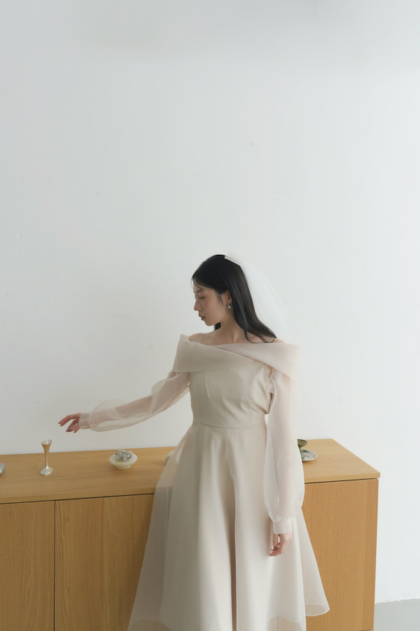 翻領卡肩透紗長洋裝(米) 