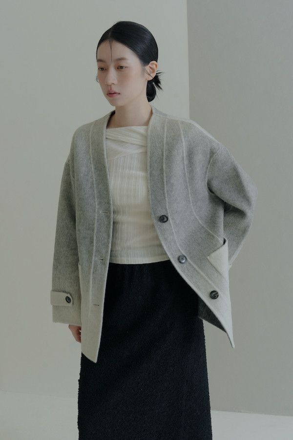 漸層大口袋純羊毛大衣(灰) 