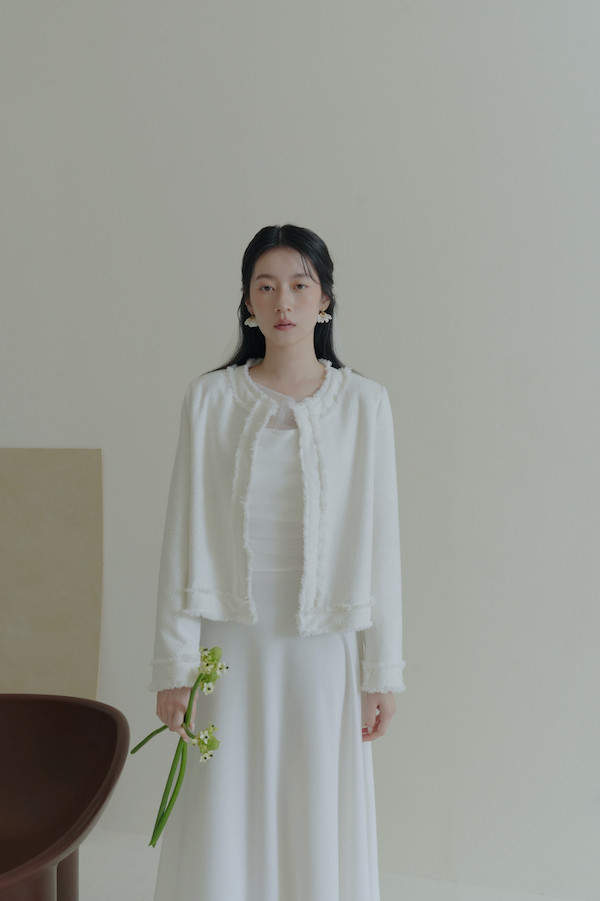 無領毛毛鬚邊外套(白) 