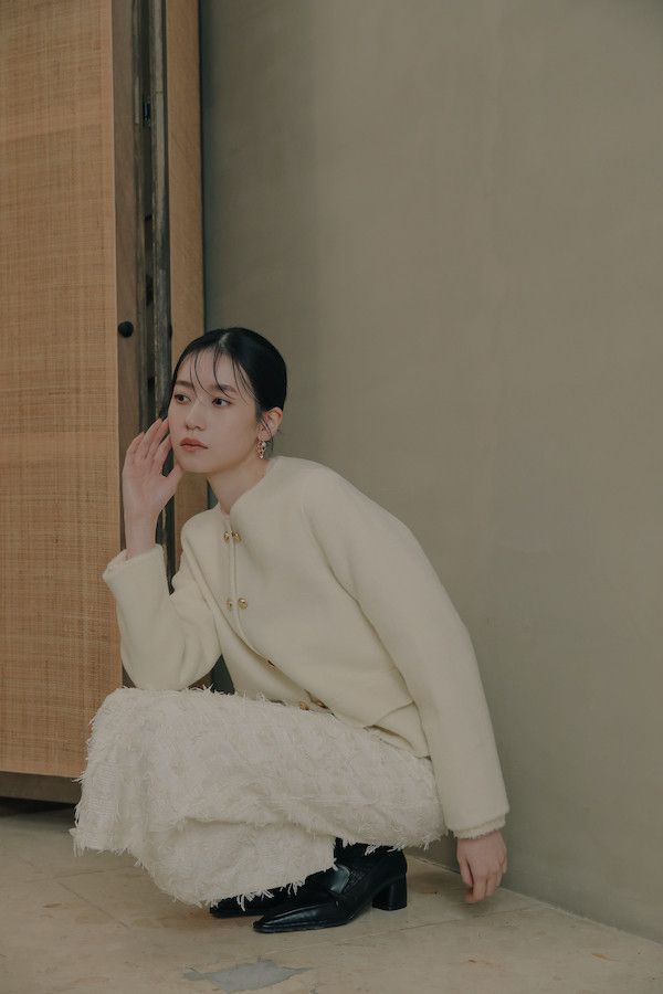 雙排釦無領羊毛外套(白) 