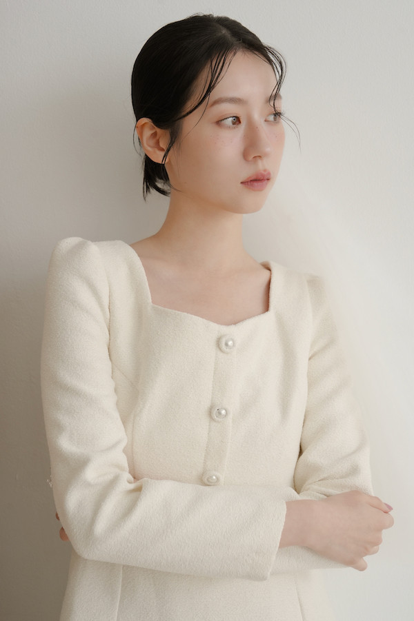 小香風長袖短洋裝(白) 