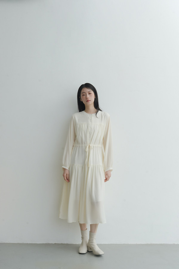 腰部抽繩雪紡長洋裝(米白) 
