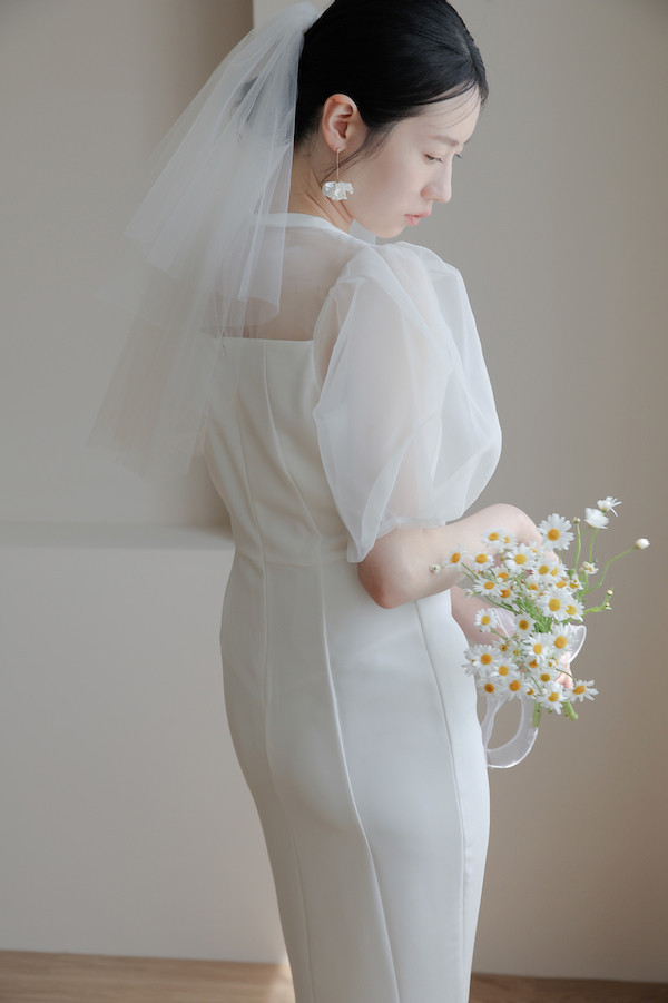 泡泡袖小魚尾輕婚紗(白) 