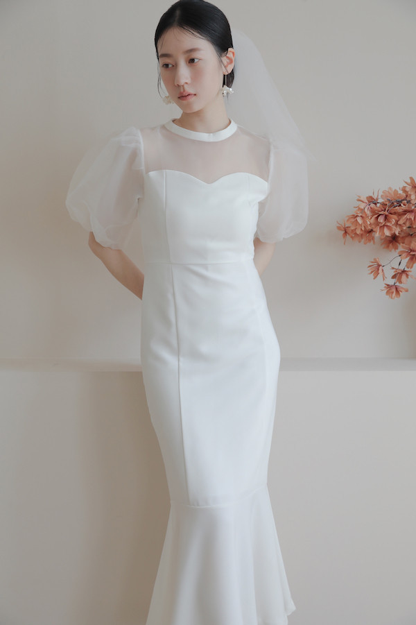 泡泡袖小魚尾輕婚紗(白) 
