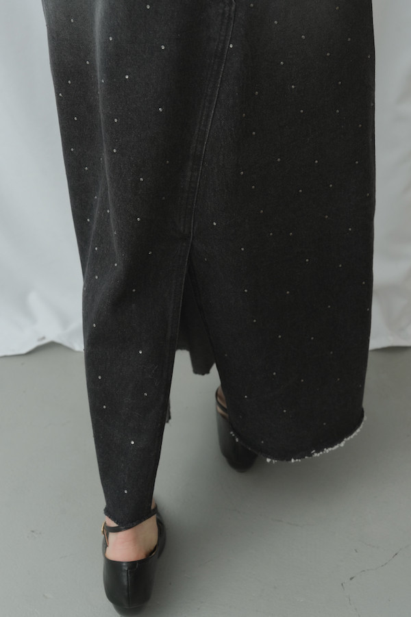 小水鑽開衩牛仔長裙(深藍) 