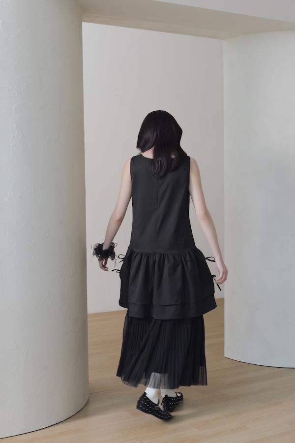 快閃-層次下襬側邊綁帶背心裙(黑) 