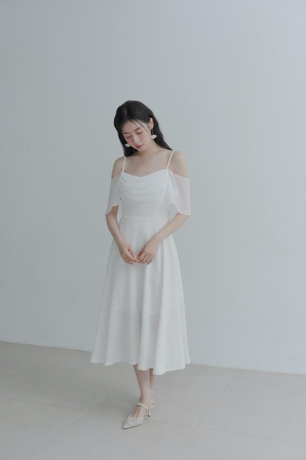 垂領卡肩雪紡洋裝(白) 