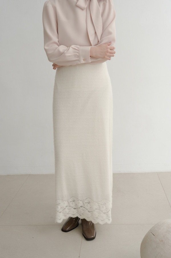 下擺蕾絲彈性長裙(白) 