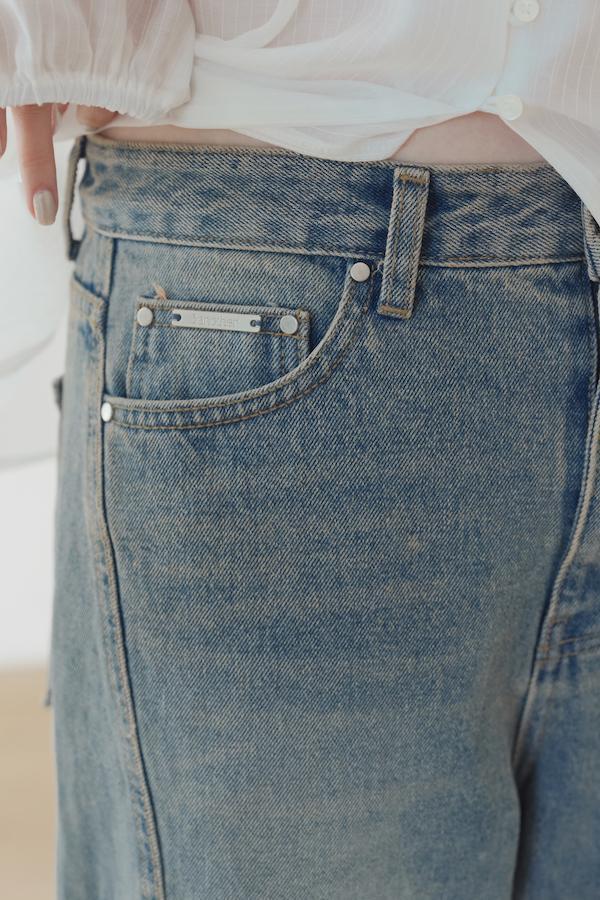 快閃-仿舊水洗落地牛仔寬褲(藍) 