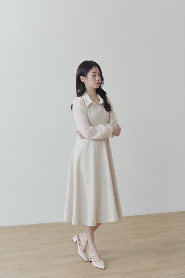 襯衫領微透肌長洋裝(杏) 