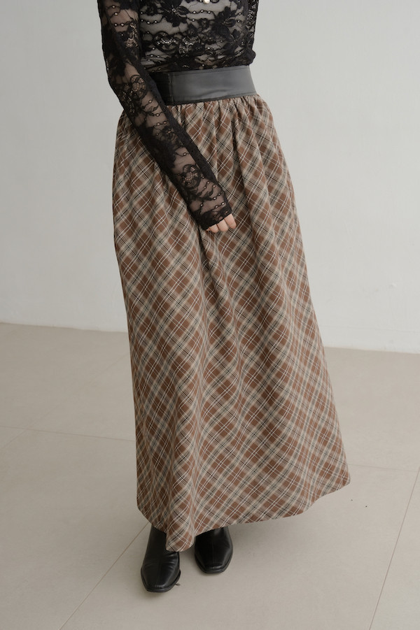 皮革腰封格紋長裙(咖) 