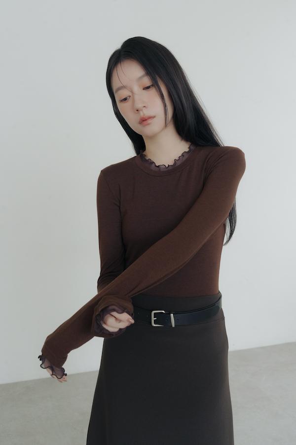 木耳薄紗滾邊天絲上衣(深咖) 