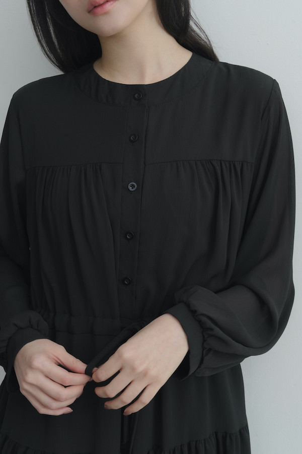 腰部抽繩雪紡長洋裝(黑) 