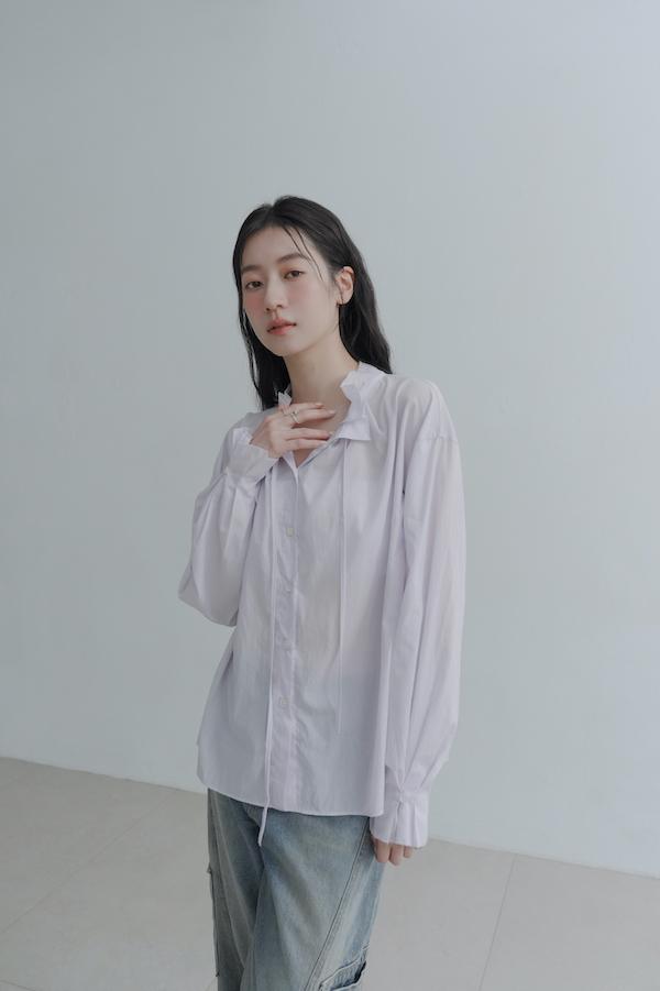 荷葉領口春日感上衣(淺紫) 