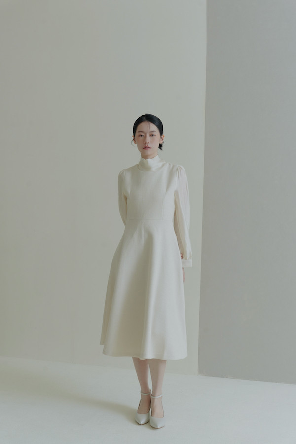 領巾綁帶小香風長洋裝(米白) 