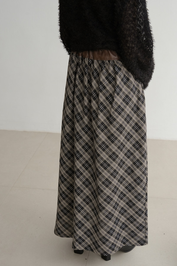 皮革腰封格紋長裙(黑) 