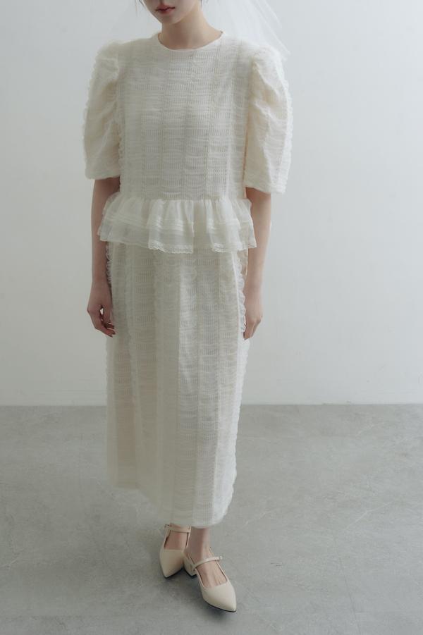 方格紋泡泡五分袖輕婚紗(白) 