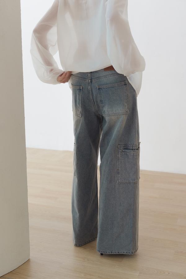 快閃-仿舊水洗落地牛仔寬褲(藍) 