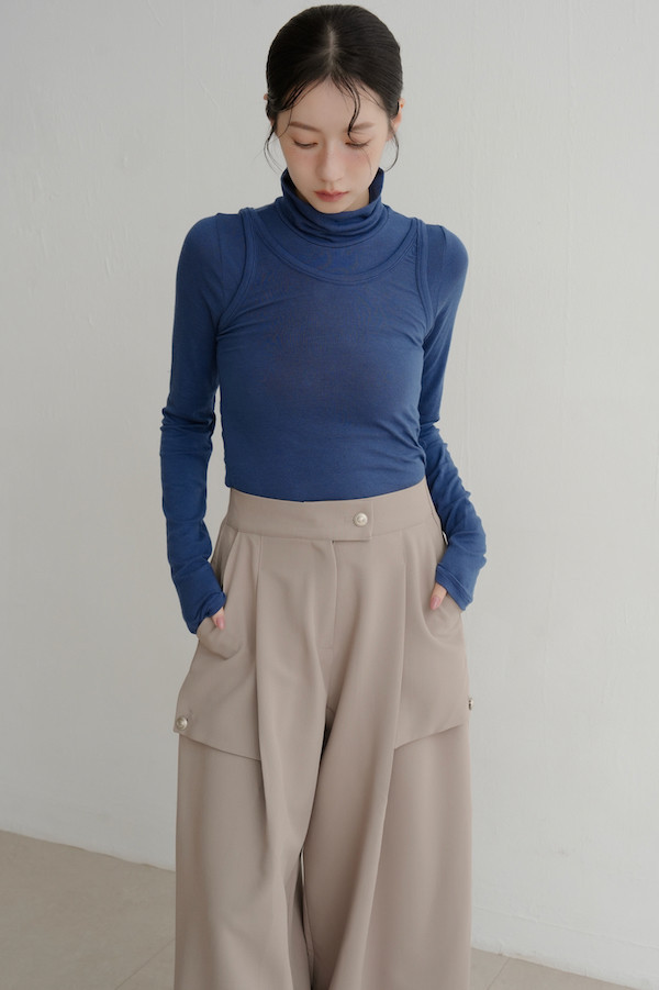 兩側釘釦設計長褲(米灰) 