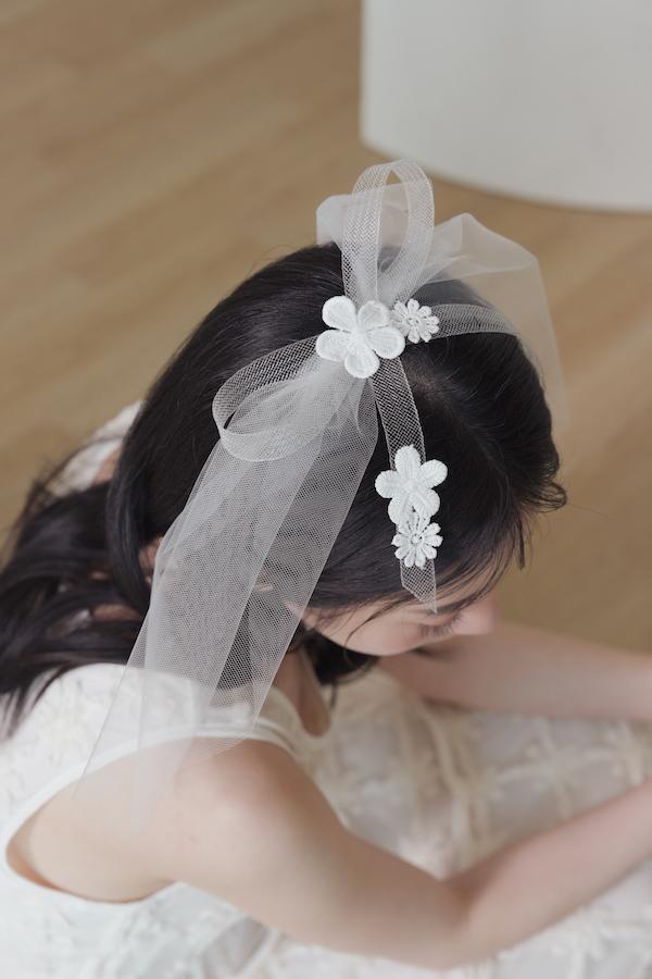 快閃-花瓣彈性網蝴蝶結頭紗 