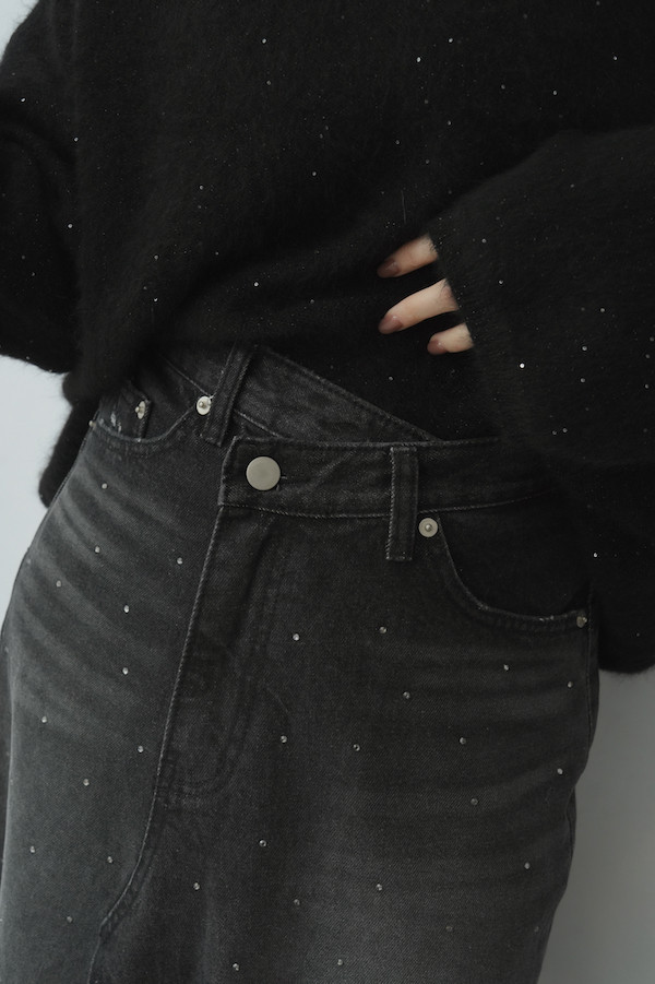 小水鑽開衩牛仔長裙(深藍) 