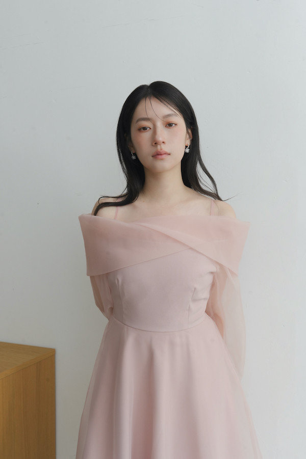 翻領卡肩透紗長洋裝(粉) 
