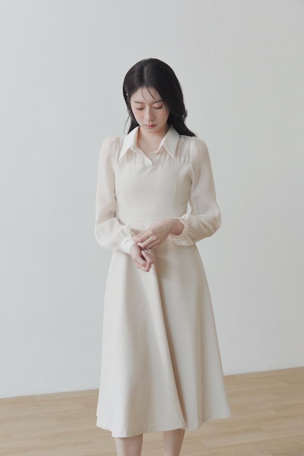 襯衫領微透肌長洋裝(杏) 
