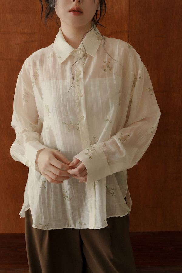 田園花樣天絲透肌上衣(白) 