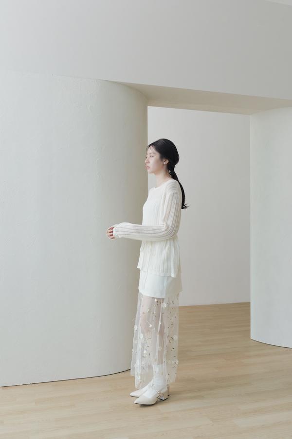 快閃-下襬拼接花朵刺繡紗裙(米白) 