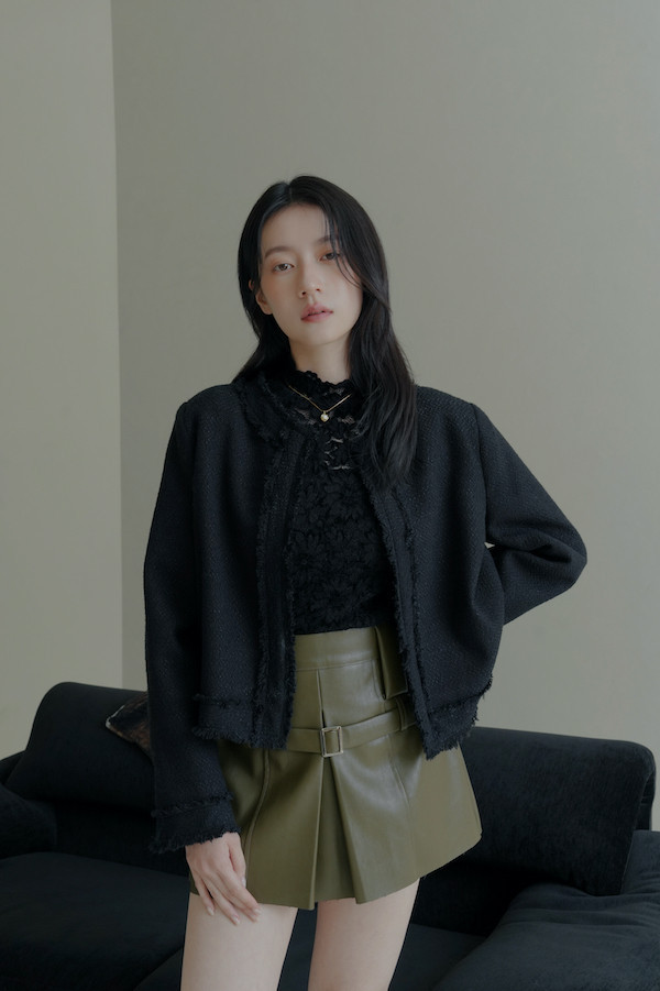 無領毛毛鬚邊外套(黑) 