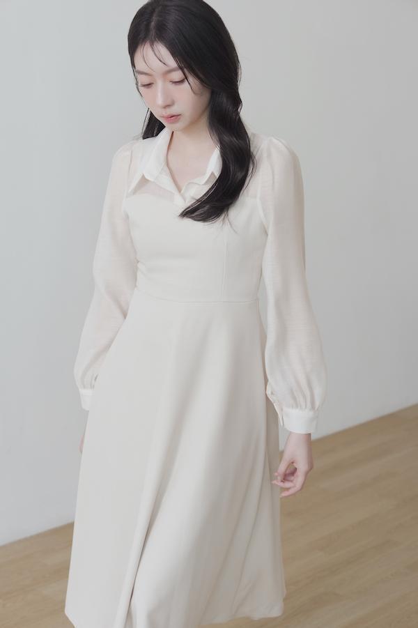 快閃-襯衫領微透肌長洋裝(杏) 