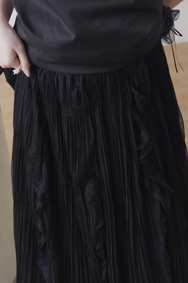 快閃-細百褶紋理蕾絲長裙(黑) 