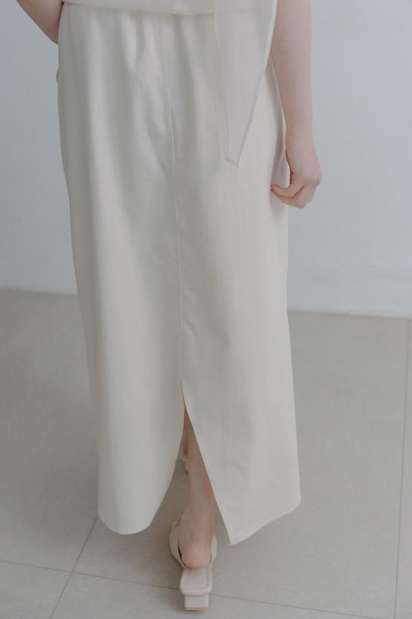 口袋設計A字牛仔裙(米白) 