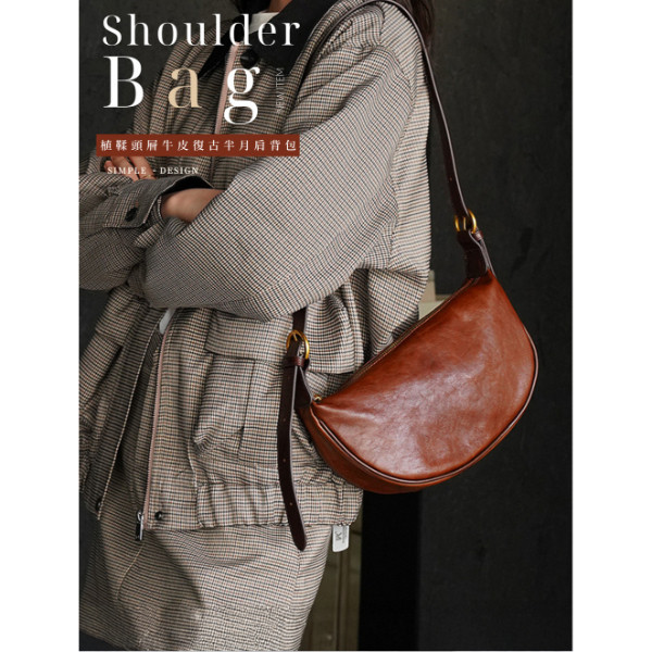 植鞣頭層牛皮肩背半月包女包【LB1205】 