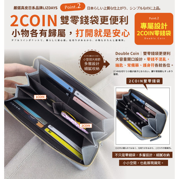 日貨-2COIN頭層牛皮拉鍊長夾女夾-LIZDAYS【LH1135】 