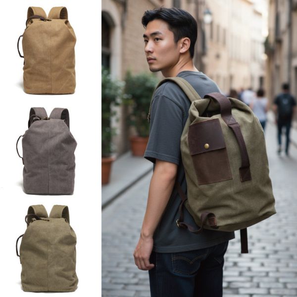 帆布配頭層牛皮水桶雙肩包男包【CLB37】 