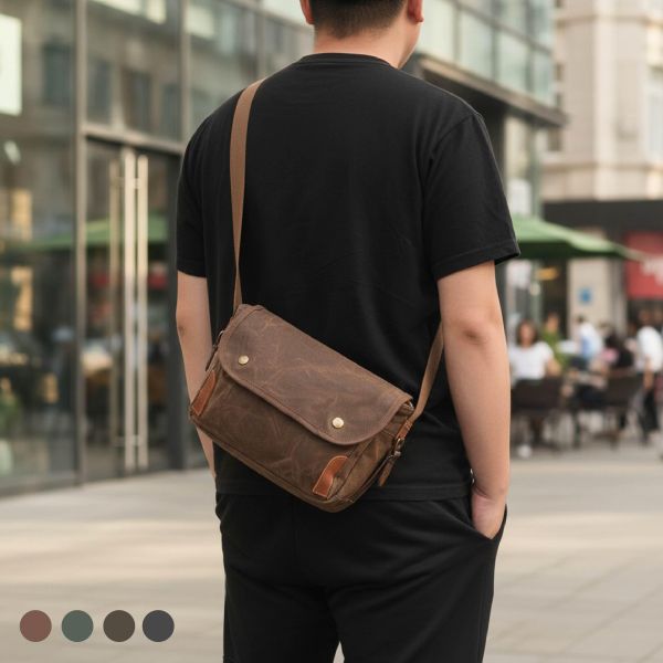 過蠟帆布配頭層牛皮翻蓋肩背小包男包【CLB43】 