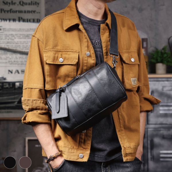 頭層牛皮肩背圓筒包男包【LB1197】 