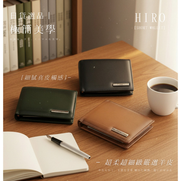日貨-羊皮男士二折L型零錢袋短夾男夾-HIRO【LH1146】 