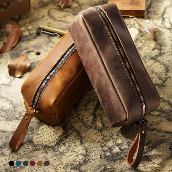 頭層瘋馬牛皮方形筆袋【LW62】 捲線器,收納