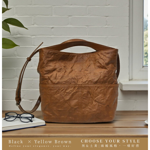 頭層皺褶牛皮2WAY水桶包女包【LB1169】 
