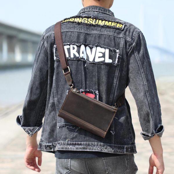 頭層瘋馬牛皮三隔層薄款肩背小包男包【LB1225】 