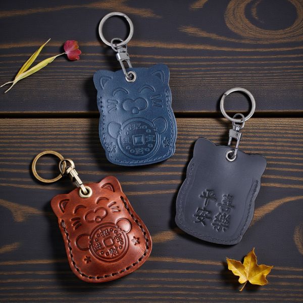 頭層牛皮門禁卡套鑰匙圈-招財貓【KB139】 