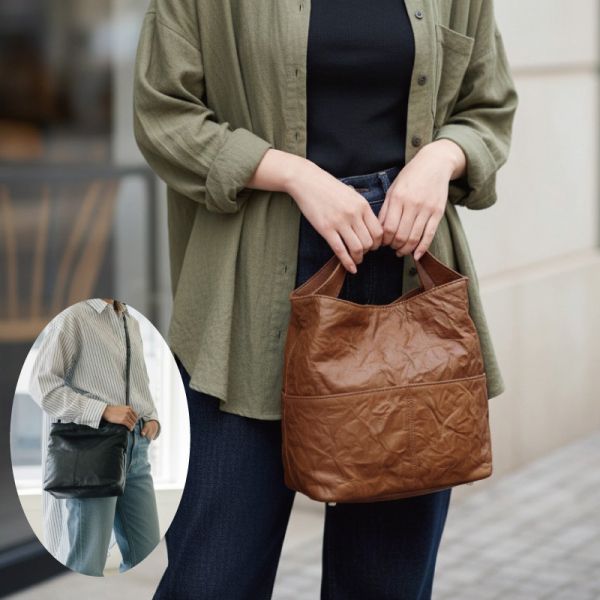 頭層皺褶牛皮2WAY水桶包女包【LB1169】 