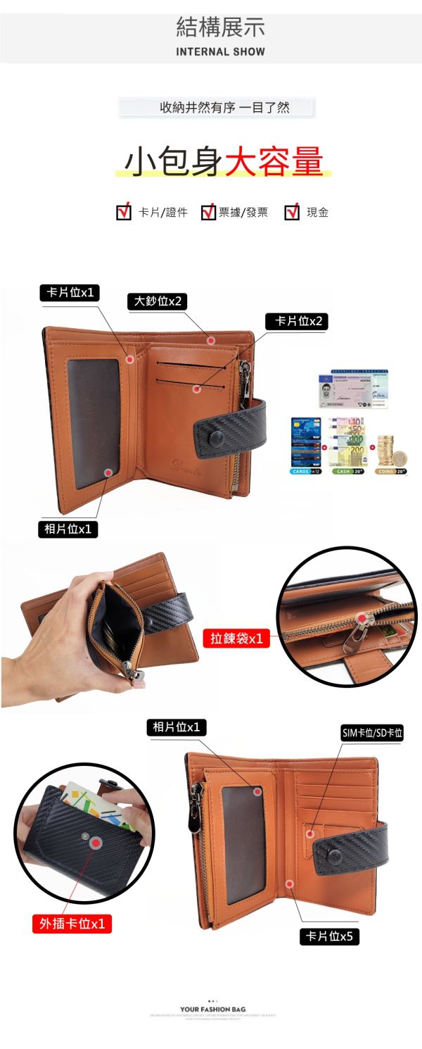 碳纖維牛皮翻頁式11卡位短夾男夾【LH976】 